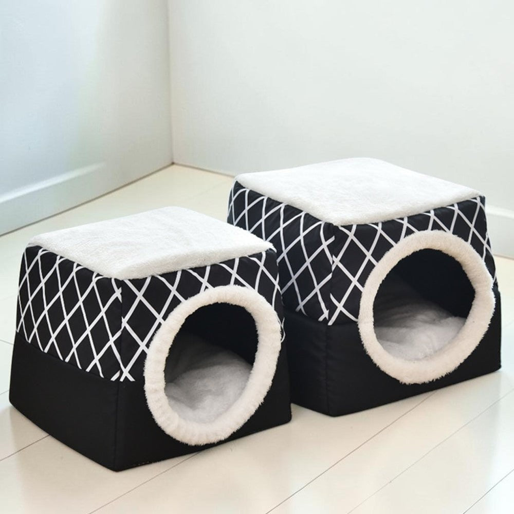 Furvana 2-in-1 black and white geometric print pet bed cave for cats and small dogs with soft plush interior
