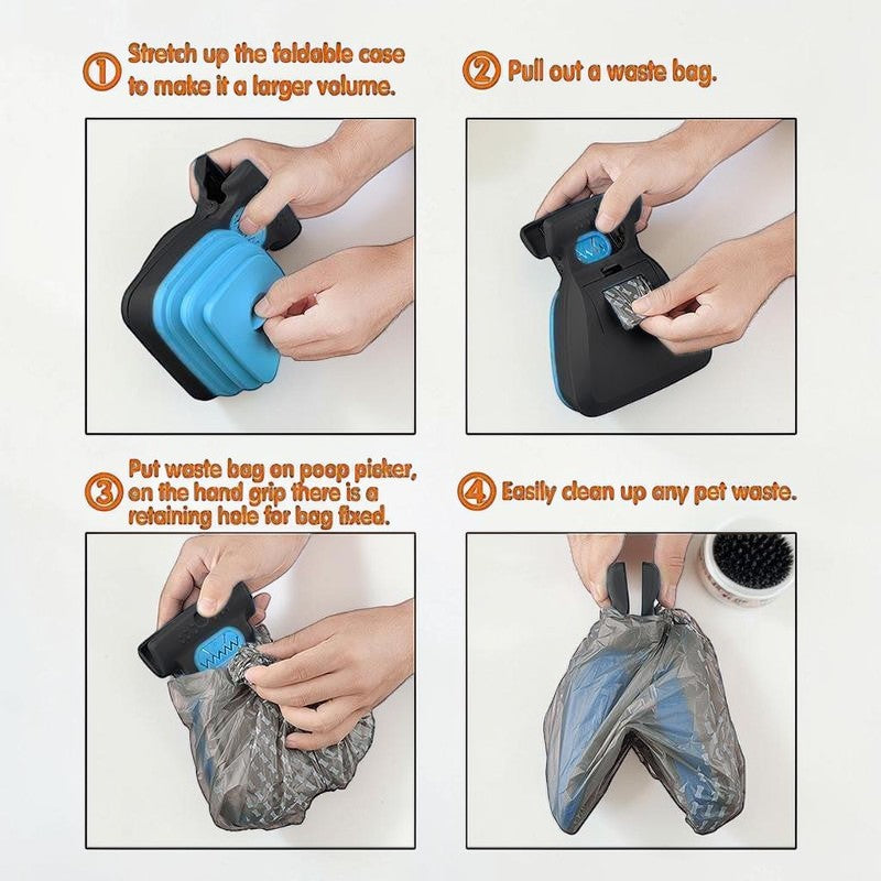 Furvana dog waste poop picker tool showing step-by-step instructions for folding, bag attachment, and cleanup.