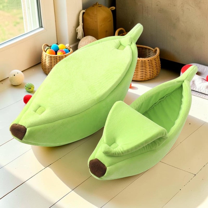 Furvana banana-shaped pet beds in light green plush fabric with peelable velcro tops for cats and small dogs.