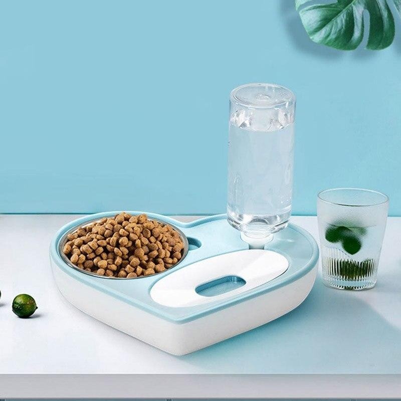 Furvana 2-in-1 pet feeder station with a stainless steel food bowl and automatic water dispenser on a light blue base.