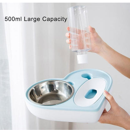 Furvana 2-in-1 pet feeder station with a stainless steel food bowl and a detachable 500ml water bottle for cats and dogs