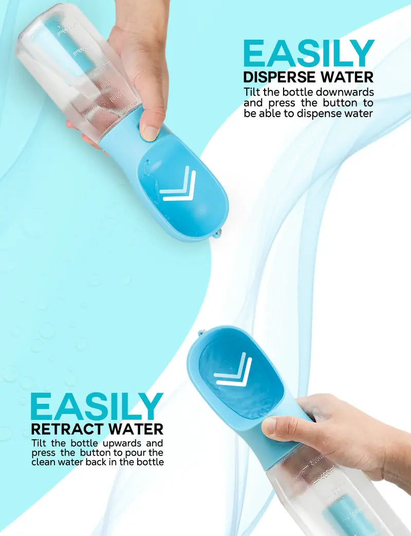 Furvana 3-in-1 portable pet water bottle with blue dispenser and clear reservoir showing water flow mechanism