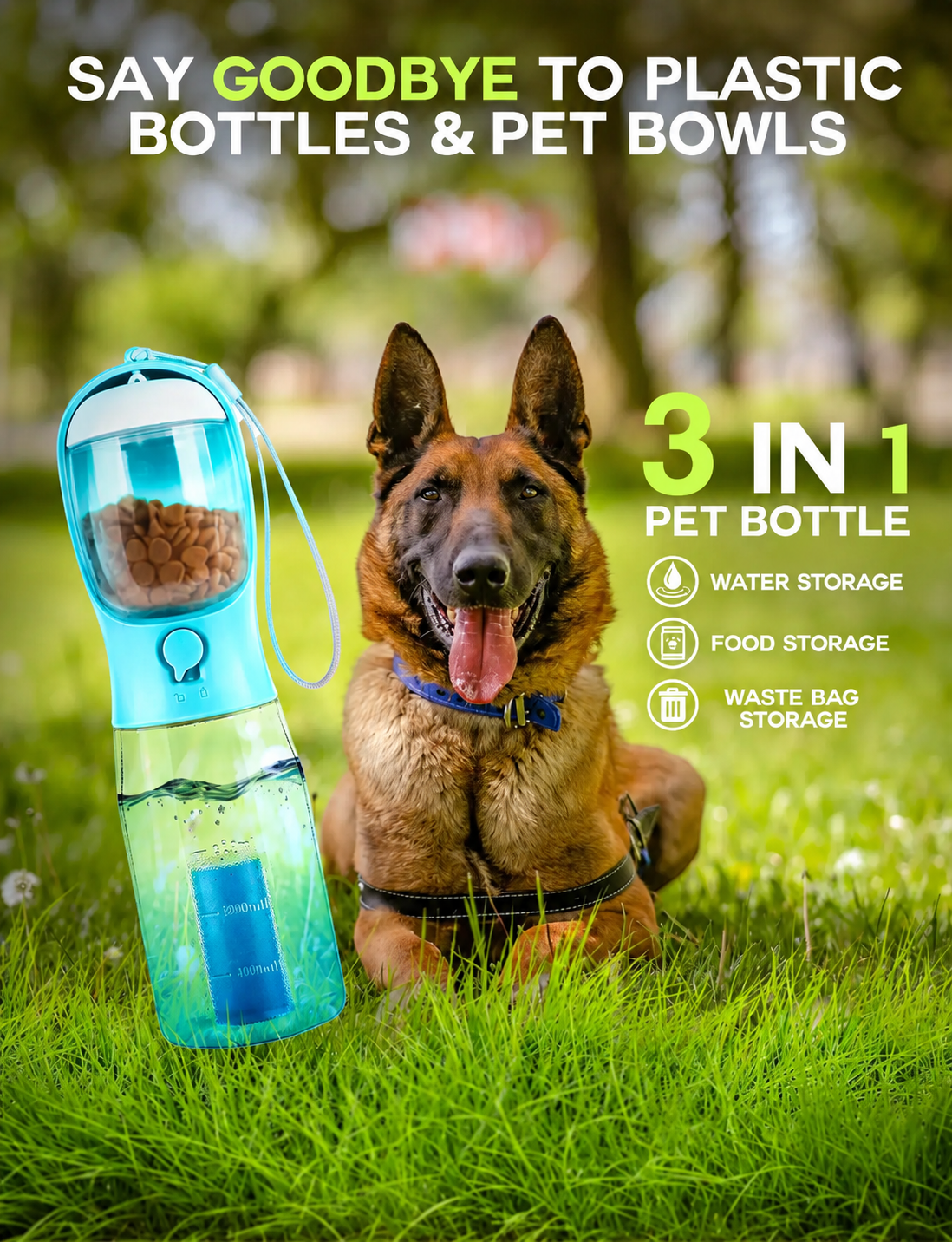 Furvana 3-in-1 portable pet water bottle with food and waste bag storage next to a German Shepherd in a park