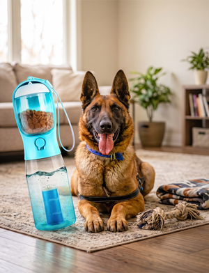 Furvana 3-in-1 blue portable pet water bottle with food storage and poop bag dispenser next to a German Shepherd.