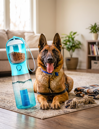 Furvana 3-in-1 blue portable pet water bottle with food storage and poop bag dispenser next to a German Shepherd.