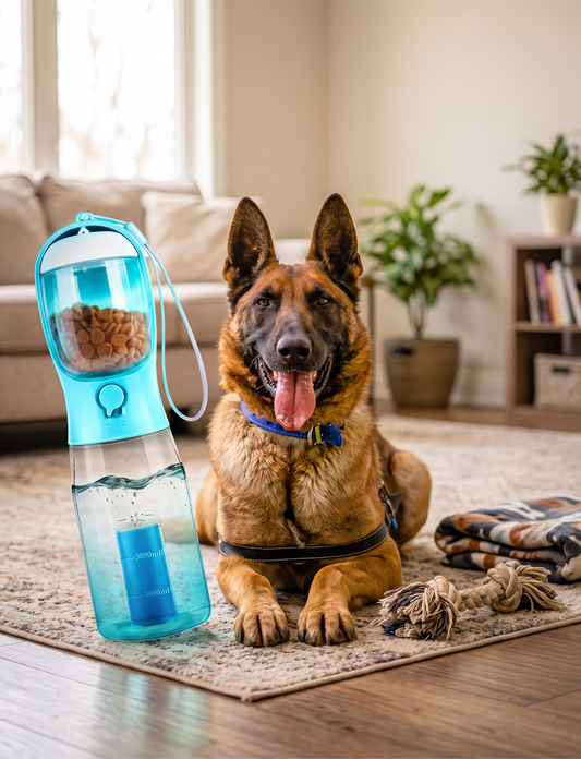 Furvana 3-in-1 blue portable pet water bottle with food storage and poop bag dispenser next to a German Shepherd.