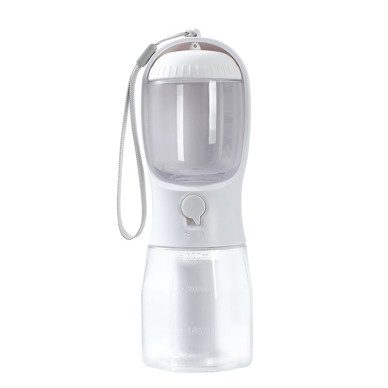 Furvana 3-in-1 portable pet water bottle with food storage and poop bag dispenser in white and clear plastic