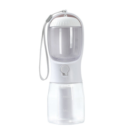 Furvana 3-in-1 portable pet water bottle with food storage and poop bag dispenser in white and clear plastic