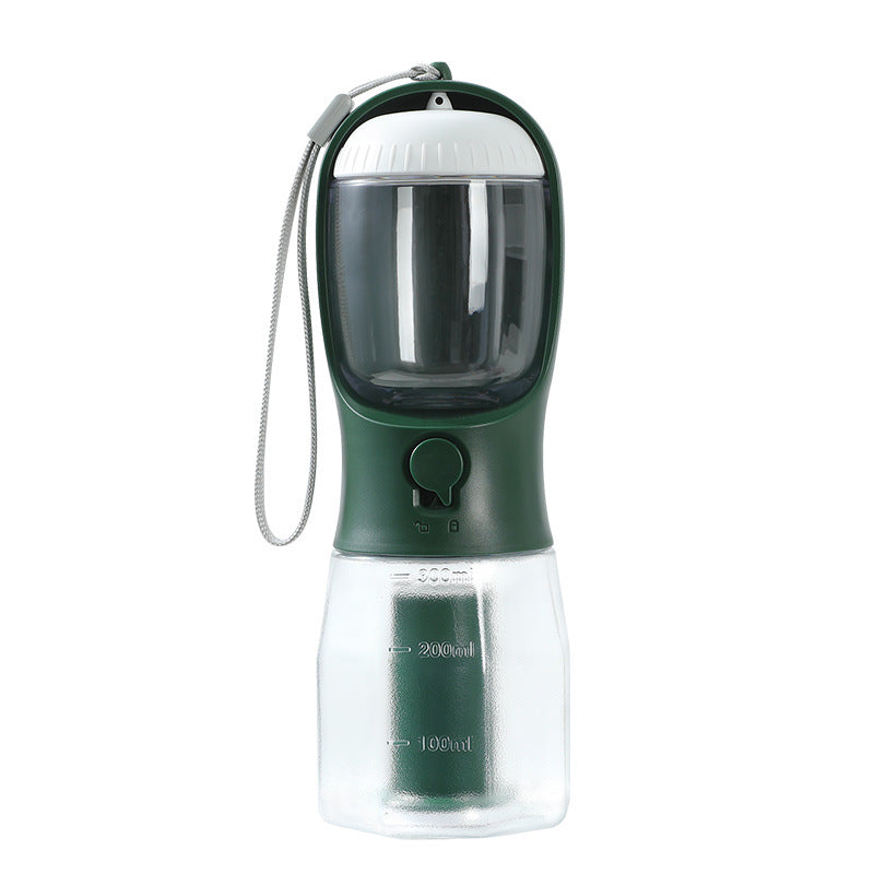 Furvana 3-in-1 portable pet water bottle in dark green with food storage and integrated poop bag dispenser