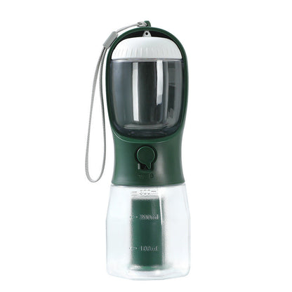 Furvana 3-in-1 portable pet water bottle in dark green with food storage and integrated poop bag dispenser
