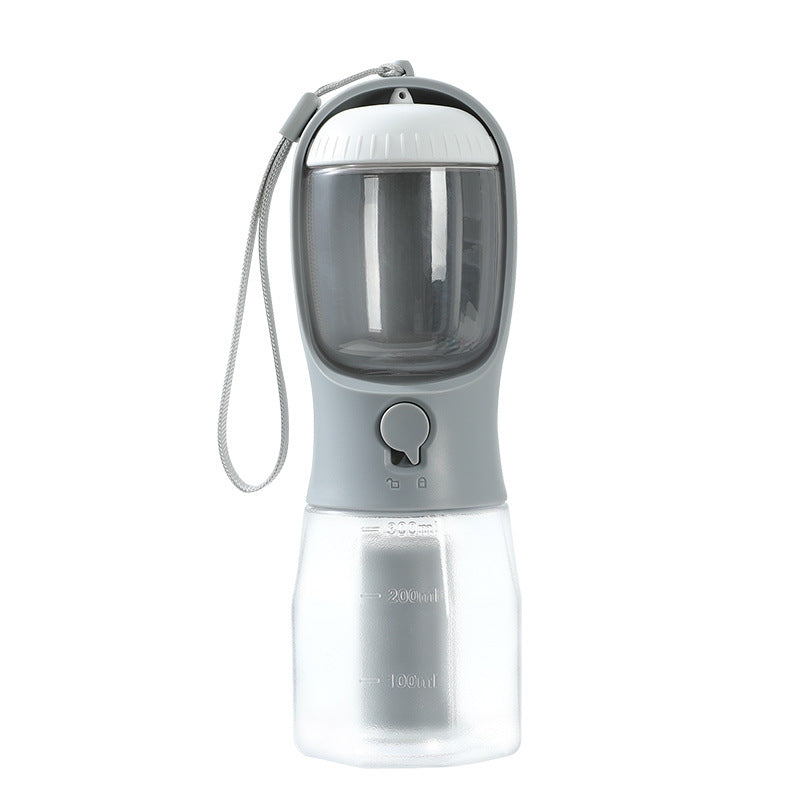 Furvana 3-in-1 grey and clear portable pet water bottle with food storage and integrated poop bag dispenser