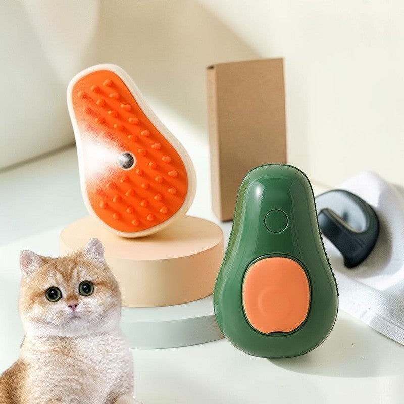 Furvana avocado-shaped pet grooming brush with soft silicone bristles and mist spray feature next to a cute cat.