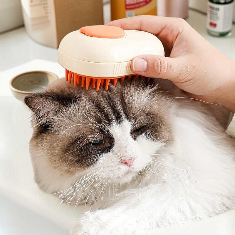 Furvana avocado-shaped pet grooming brush with orange silicone bristles massaging a fluffy cat's head