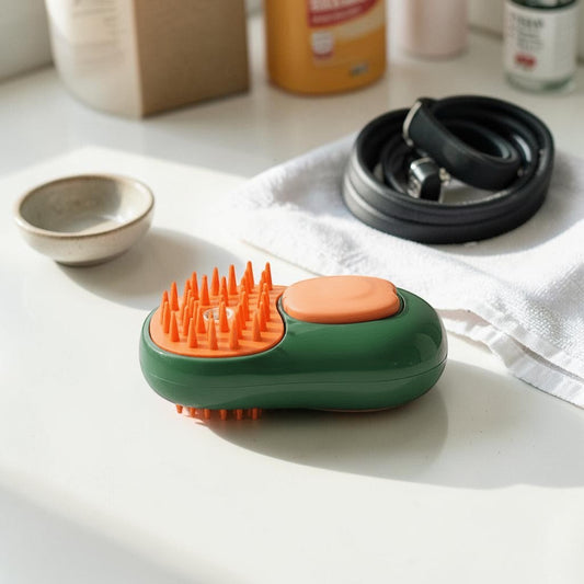 Furvana avocado-shaped pet grooming brush with orange silicone bristles and a green body on a white surface.