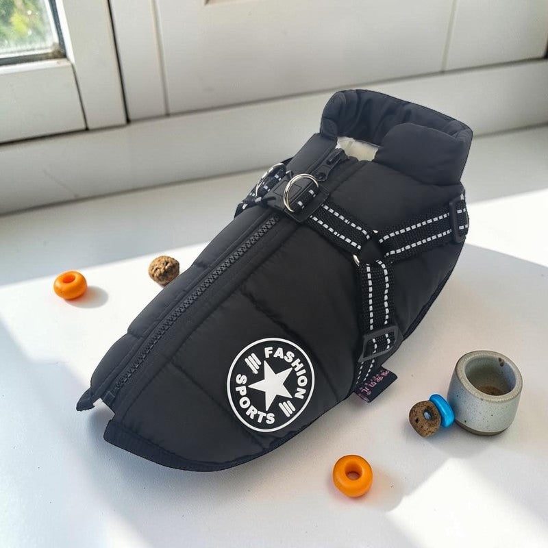 Furvana waterproof black quilted dog harness jacket with a back zipper, reflective straps, and a sporty circular patch.