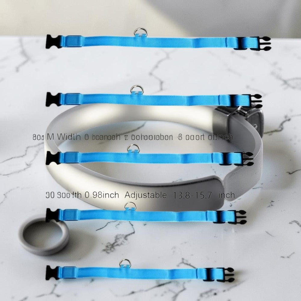 Furvana blue LED safety dog collar in various adjustable sizes with quick-release buckle and D-ring for night walks.