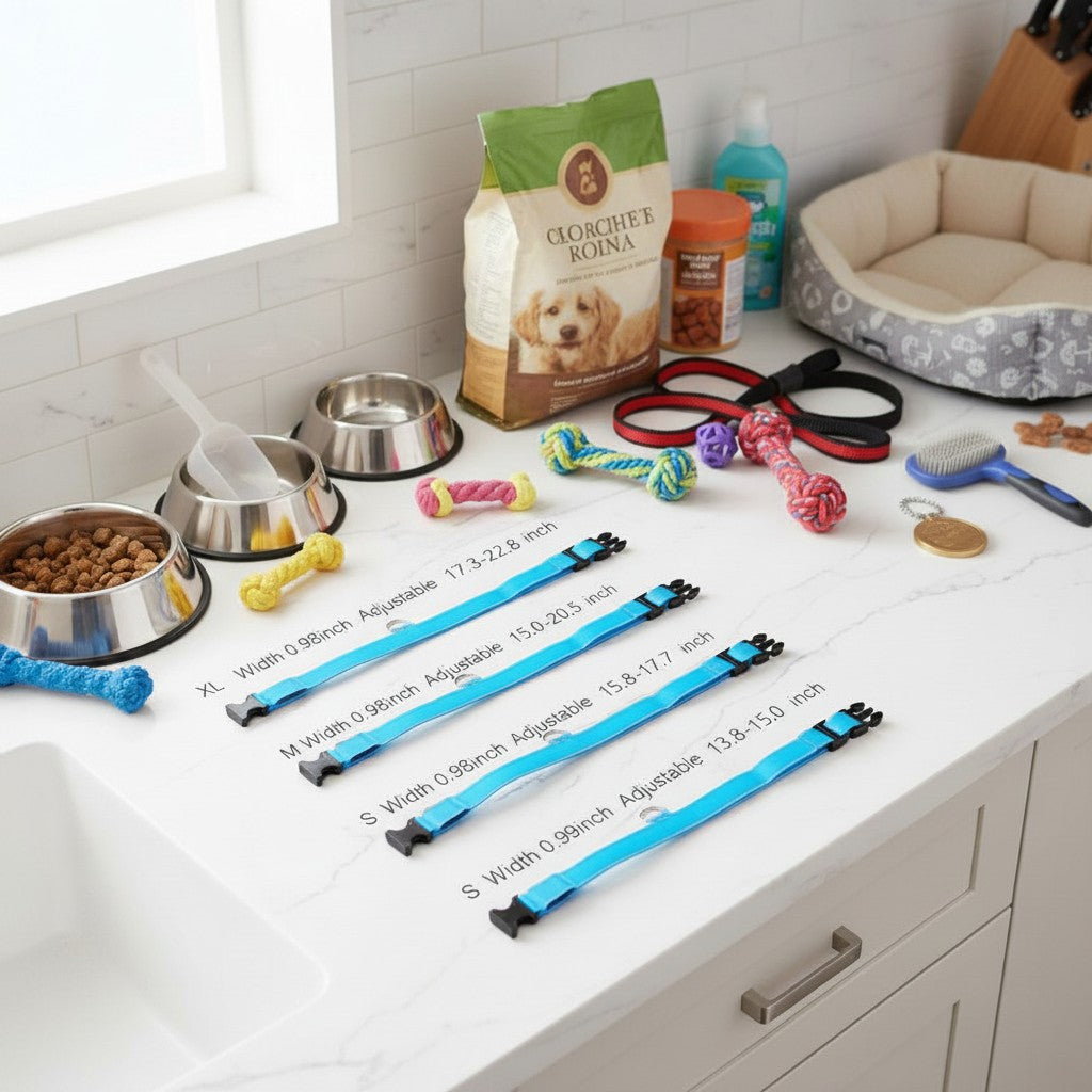 Furvana rechargeable LED dog collars in blue, displayed in four adjustable sizes on a kitchen counter with pet gear.