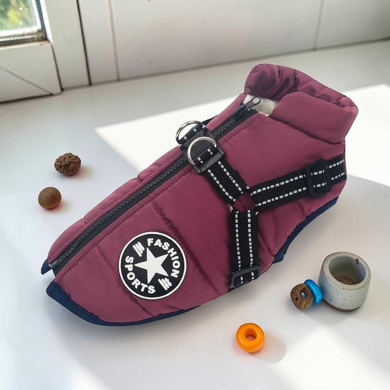 Furvana waterproof dog harness jacket in burgundy with built-in reflective harness and fashion sports patch