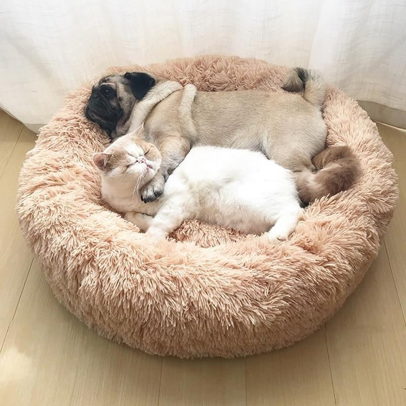 Furvana calming donut bed in light beige faux fur with a pug and a white cat sleeping together inside