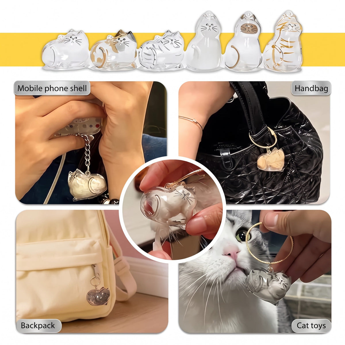 Furvana cat hair keepsake keychain in various clear twisted egg designs attached to bags and phone cases
