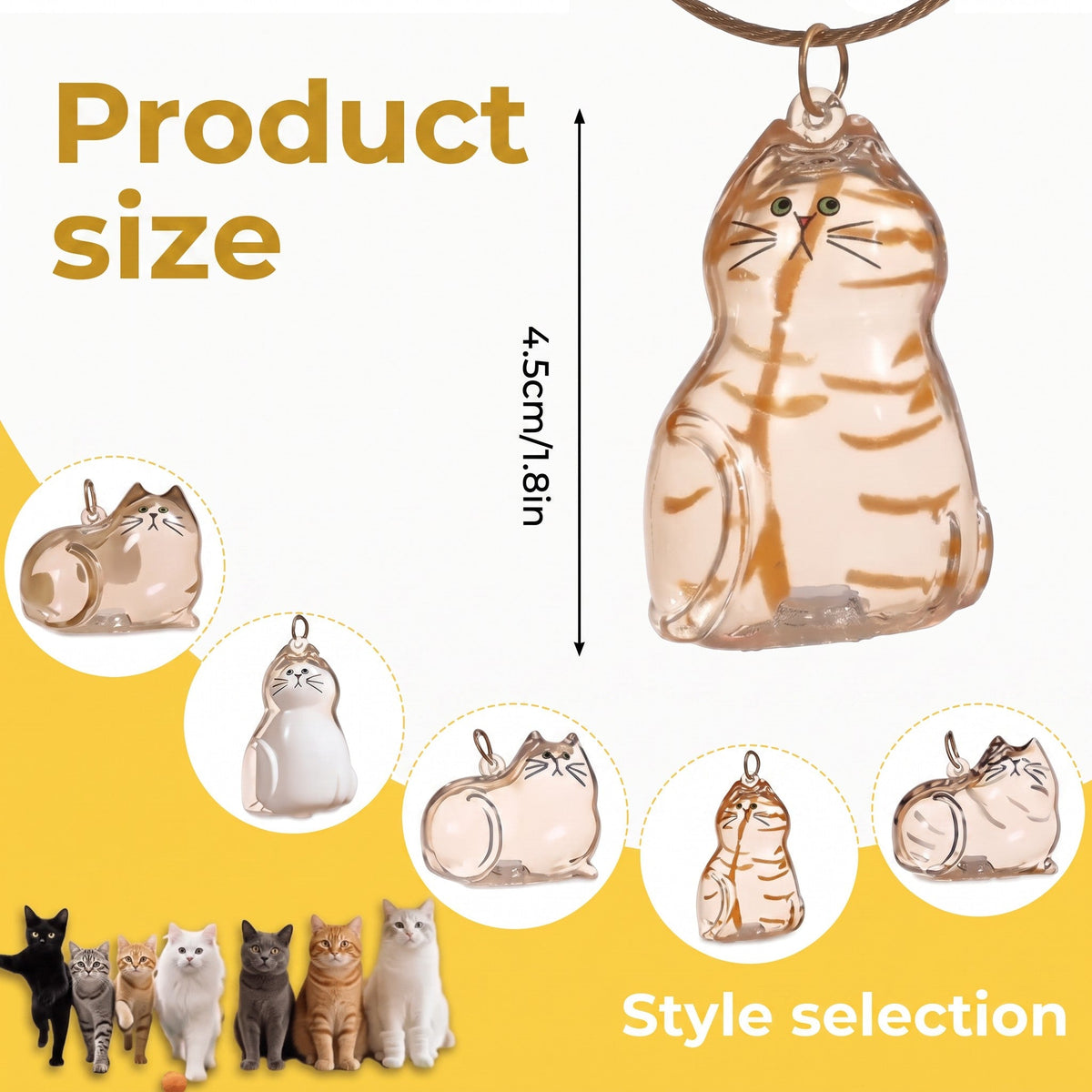 Furvana cat hair keepsake keychain in various feline shapes and clear acrylic designs for storing pet fur memories.