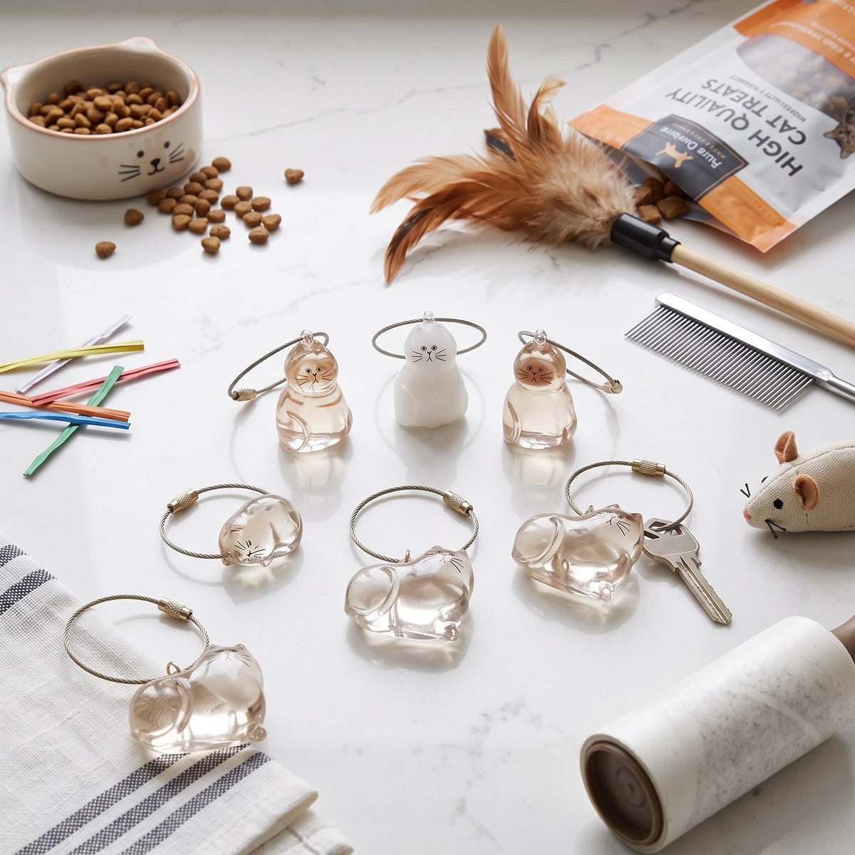 Furvana cat hair keepsake keychains in various clear and white feline shapes arranged on a white marble surface.