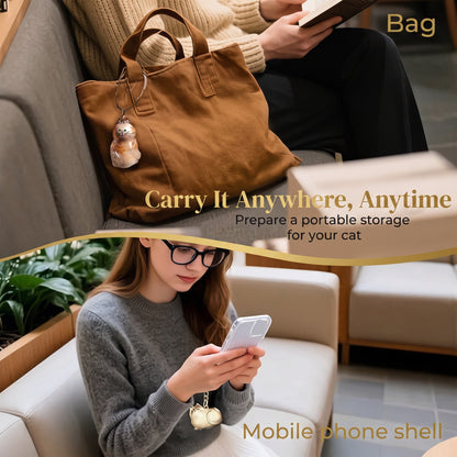 Furvana cat hair keepsake keychain attached to a brown handbag and a mobile phone case for sentimental pet memory