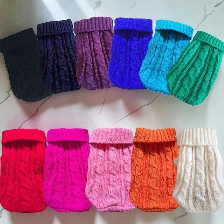Furvana collection of colorful cable knit pet sweaters with turtlenecks in various bright and neutral shades