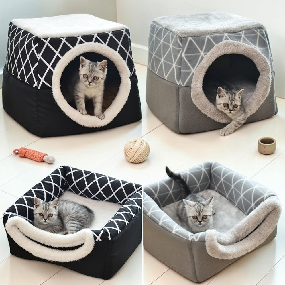 Furvana 2-in-1 convertible pet bed in black and gray, shown as an enclosed cave and open bed with a kitten inside.