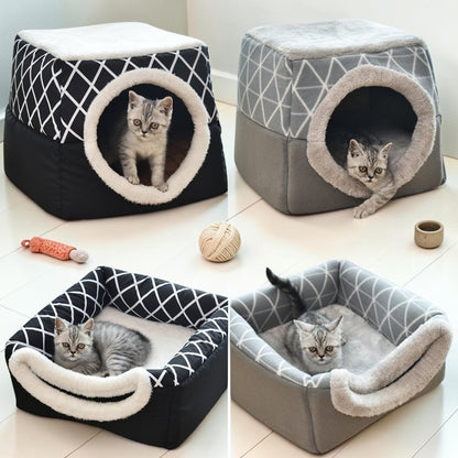 Furvana 2-in-1 convertible pet bed in black and gray, shown as an enclosed cave and open bed with a kitten inside.