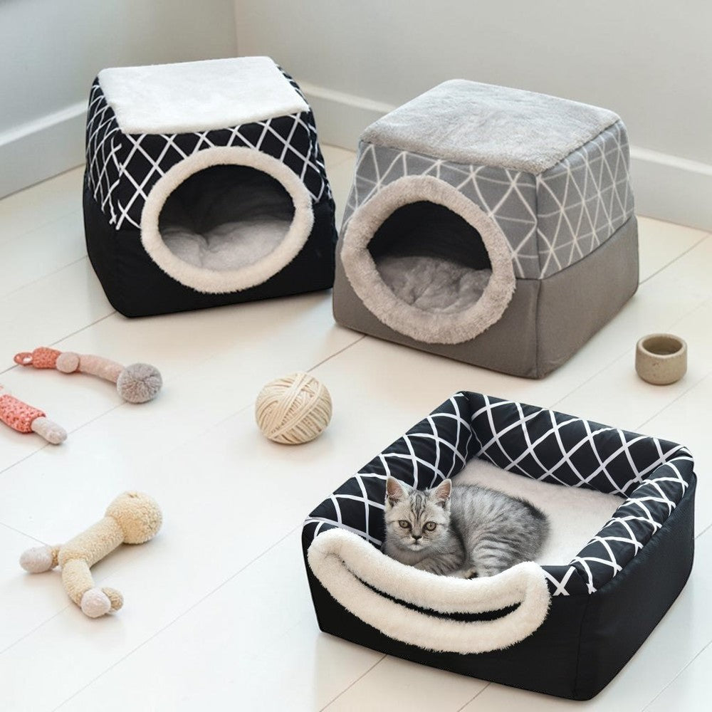 Furvana 2-in-1 convertible pet bed villa in black and gray plush fabric for cats and small dogs