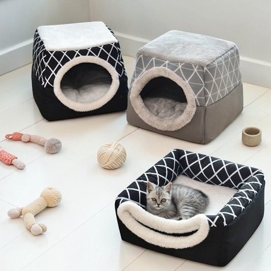Furvana 2-in-1 convertible pet bed villa in black and gray plush fabric for cats and small dogs