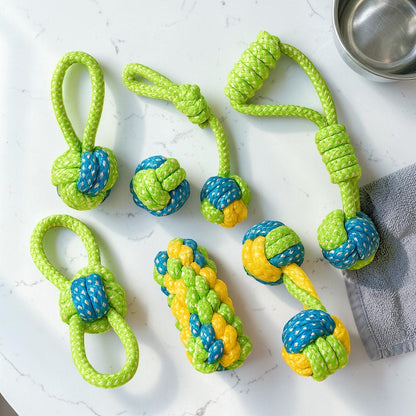Furvana collection of durable, non-toxic cotton rope chew toys for dogs in assorted green, blue, and yellow colors.
