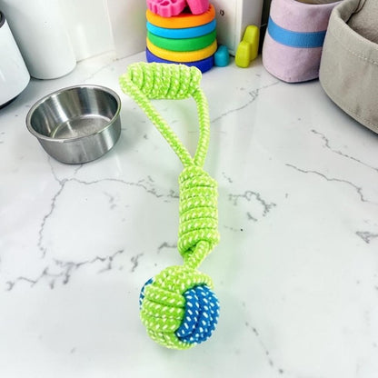 Furvana durable cotton rope dog toy with a green handle and a blue and green woven ball for dental health and play