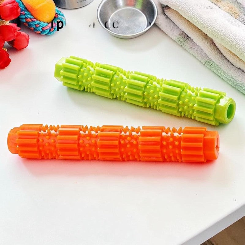 Furvana dog molar tooth cleaning chew sticks in bright green and orange silicone with 360-degree bristles