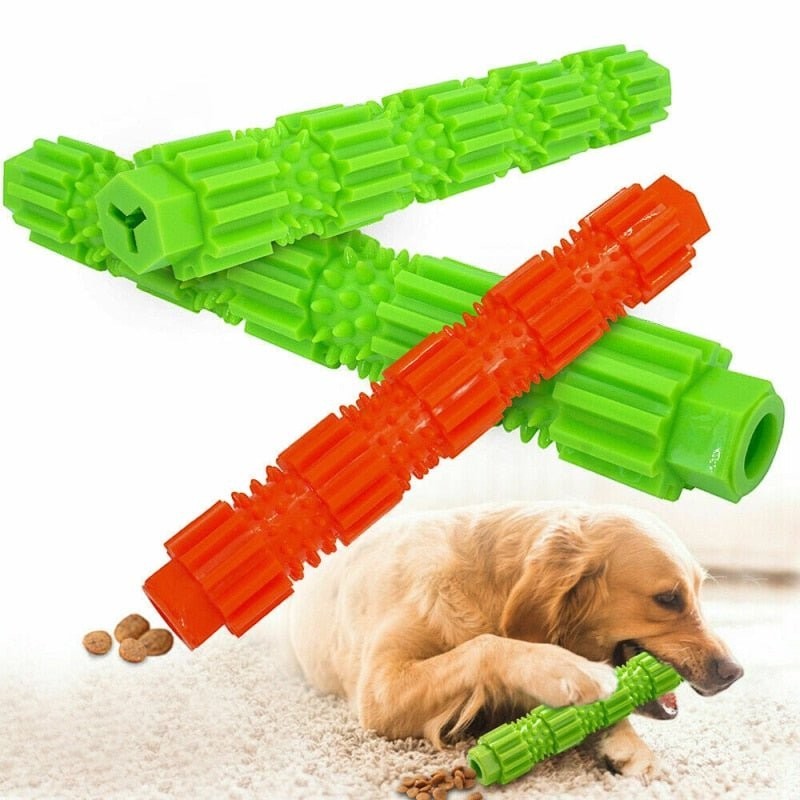 Furvana dog molar chew toy in bright green and orange silicone with 360-degree bristles for dental cleaning
