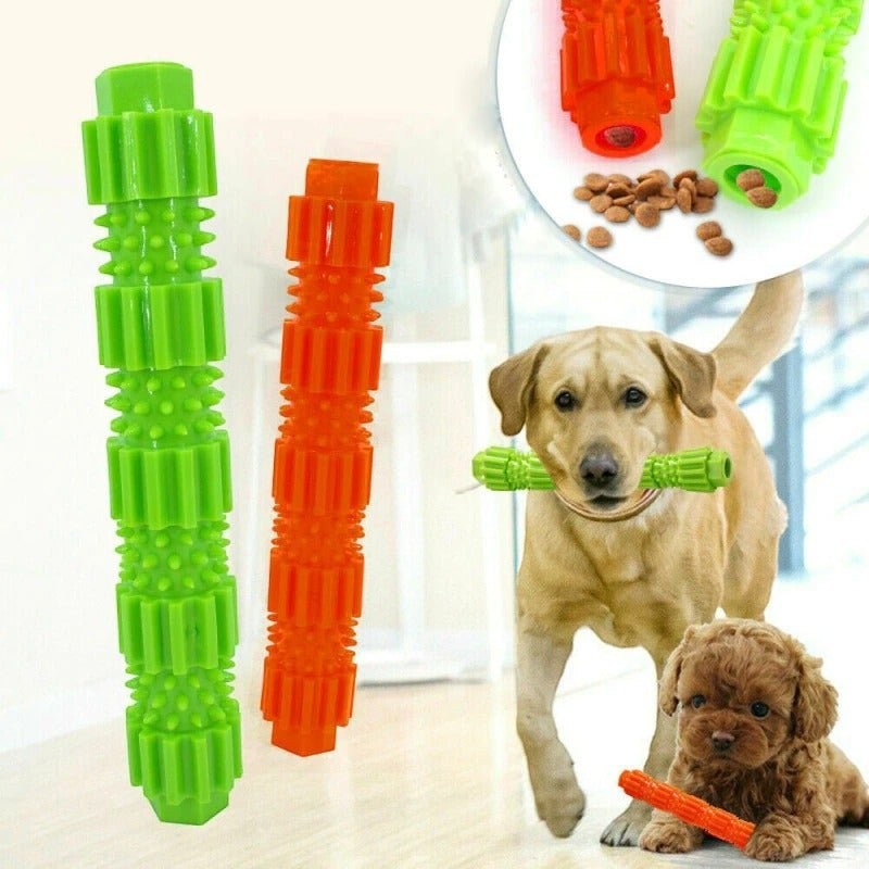 Furvana pet molar tooth cleaning chew toy in green and orange silicone with 360-degree bristles for dogs