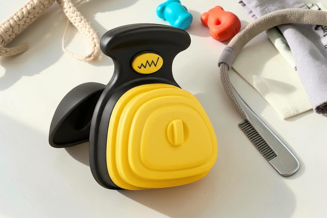 Furvana yellow and black portable dog waste poop picker tool with ergonomic handle for one-handed cleanup