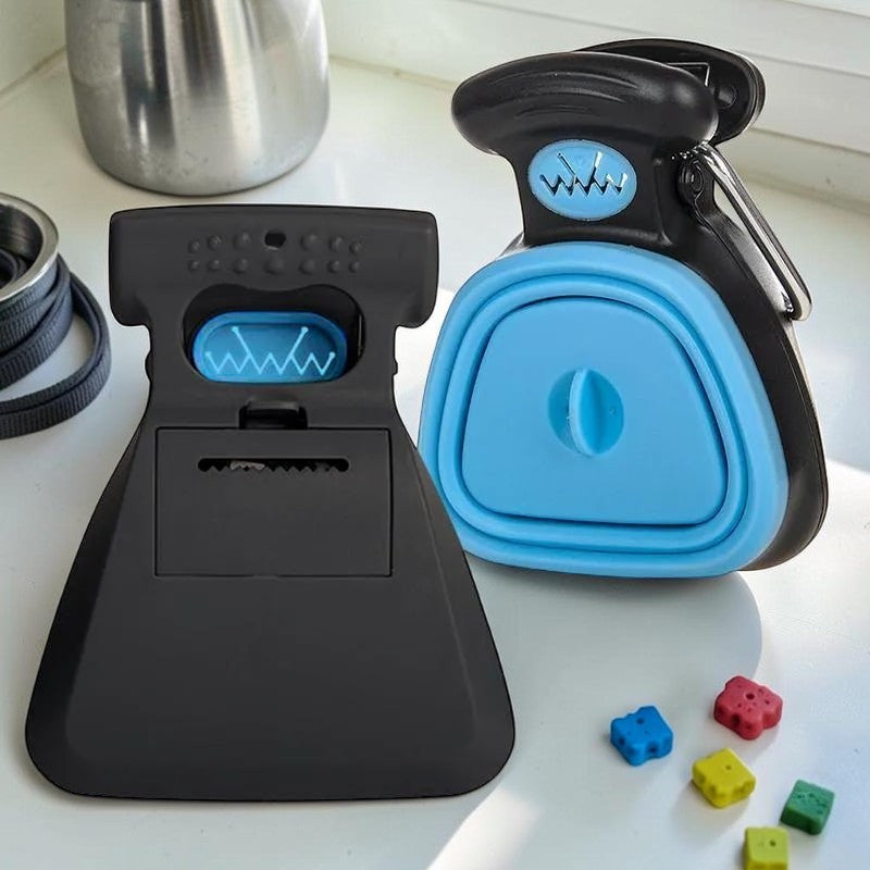 Furvana portable dog waste poop picker tool in blue and black plastic with a compact, foldable design for easy cleanup.