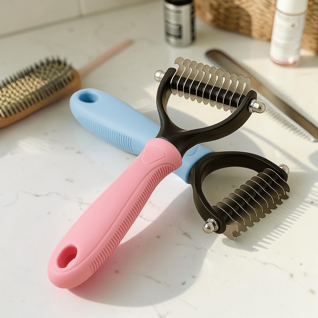 Furvana dual-sided pet grooming comb with a pink and blue ergonomic handle for removing knots and loose undercoat
