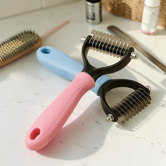 Furvana dual-sided pet grooming comb with a pink and blue ergonomic handle for removing knots and loose undercoat
