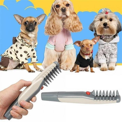 Furvana electric pet grooming comb with safety teeth and red activation button, held in hand with dogs in background