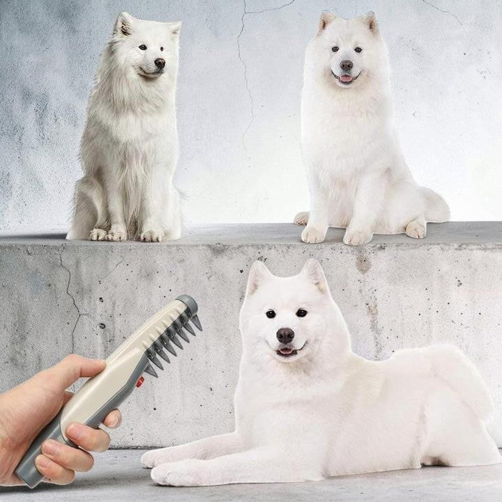 Furvana electric pet grooming comb showing before and after results on a white dog with thick fur