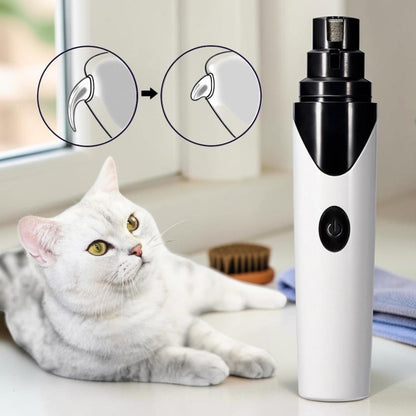 Furvana rechargeable electric pet nail grinder with a white cat resting nearby, showing a diagram of nail trimming.