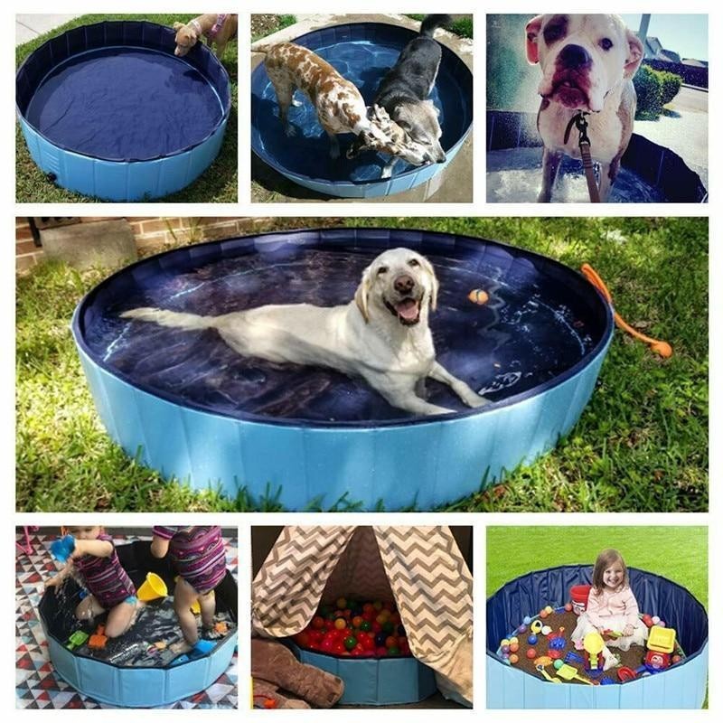 Furvana foldable blue pet swimming pool used by dogs and children in a backyard for bathing and play