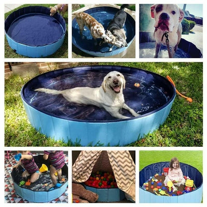 Furvana foldable blue pet swimming pool used by dogs and children in a backyard for bathing and play