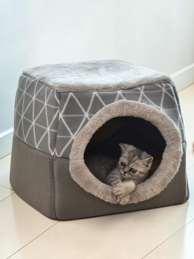 Furvana gray 2-in-1 convertible pet bed cave with geometric pattern and a cute kitten resting inside
