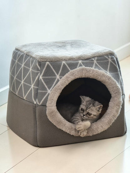 Furvana gray 2-in-1 convertible pet bed cave with geometric pattern and a cute kitten resting inside