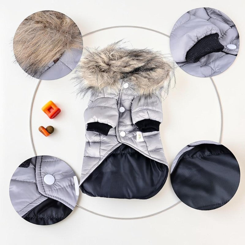 Furvana grey quilted winter dog coat with a faux fur hood and snap button closure for small pets