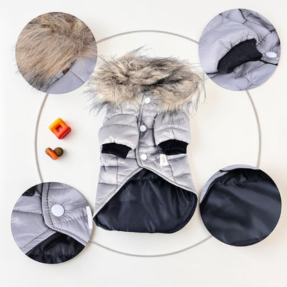 Furvana grey quilted winter dog coat with a faux fur hood and snap button closure for small pets